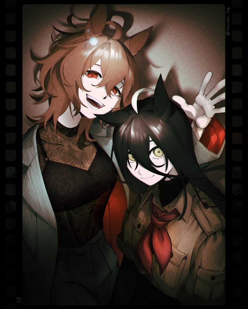 2girls absurdres agnes_tachyon_(umamusume) animal_ears ascot black_bra black_hair black_undershirt bra brown_hair brown_shirt chemical_structure coat collared_shirt crossed_bangs denim earrings grey_pants grin hair_between_eyes highres horse_ears horse_girl jeans jewelry lace_shirt layered_sleeves long_bangs long_hair_between_eyes long_sleeves looking_at_viewer manhattan_cafe_(umamusume) mujintou_png multicolored_hair multiple_girls open_clothes open_coat open_mouth pants red_ascot red_eyes see-through_clothes see-through_shirt shirt short_over_long_sleeves short_sleeves single_earring smile umamusume underwear waving white_coat white_hair yellow_eyes