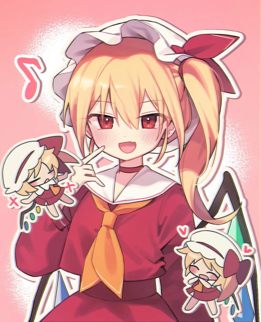 1girl :d alternate_costume ascot blonde_hair blush chibi choker commentary fang finger_to_mouth flandre_scarlet hair_between_eyes hat heart highres long_hair long_sleeves looking_at_viewer mob_cap neckerchief one_side_up open_mouth pink_background red_choker red_eyes red_serafuku red_shirt red_skirt red_vest sailor_collar school_uniform serafuku shirt skin_fang skirt smile soooooook2 touhou upper_body vest white_hat white_sailor_collar white_shirt wings yellow_ascot yellow_neckerchief