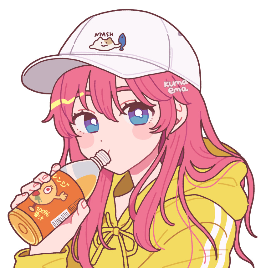 1girl artist_name blue_eyes bottle bright_pupils drinking emma_(kumaema) highres holding holding_bottle hood hoodie long_hair long_sleeves looking_at_viewer original pink_hair print_headwear simple_background solo white_background white_headwear white_pupils yellow_hoodie