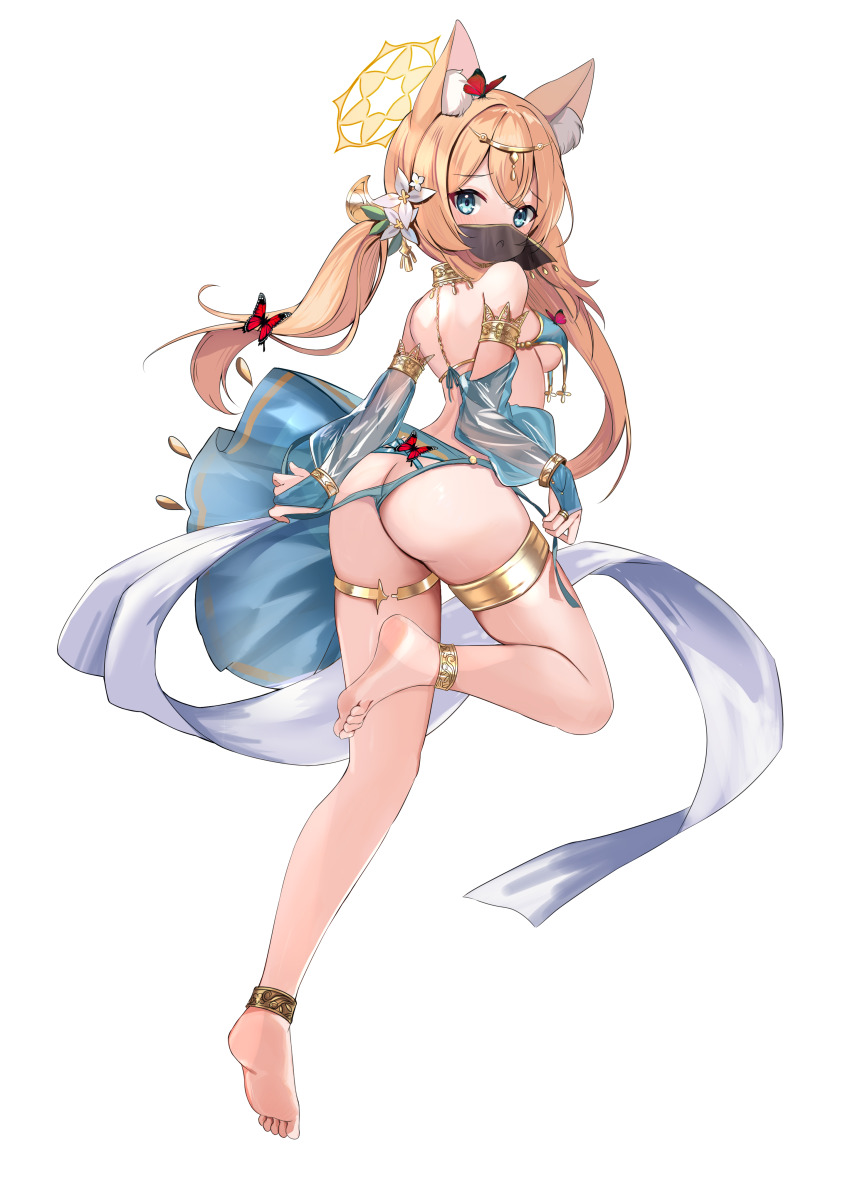 1girl absurdres animal_ears anklet arched_back armlet ass bare_shoulders barefoot blonde_hair blue_archive blue_eyes blue_panties blue_skirt breast_curtains breasts circlet collar commentary dancer detached_collar detached_sleeves feet flower from_behind full_body gold_trim hair_flower hair_ornament halo highres jewelry leg_up legs long_hair long_sleeves looking_at_viewer looking_back mari_(blue_archive) medium_breasts mouth_veil oppenheimer_(movie) panties panty_pull rinringyo sash see-through_clothes see-through_sleeves showgirl_skirt skirt soles solo thighlet thighs toenails toes transparent_background twintails underwear veil