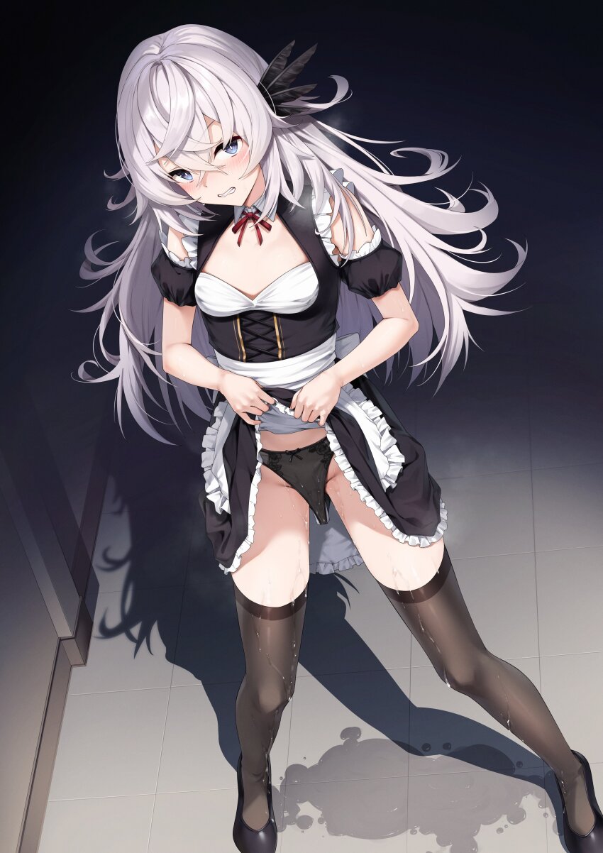 1girl absurdres black_dress black_panties black_shoes black_thighhighs blue_eyes bow bow_panties character_request clenched_teeth clothes_lift commentary_request commission copyright_request crossed_bangs dress dress_lift feather_hair_ornament feathers from_below hair_ornament henria highres lifting_own_clothes long_hair neck_ribbon panties puffy_short_sleeves puffy_sleeves red_ribbon ribbon scowl shadow shoes short_sleeves skeb_commission solo standing teeth thighhighs tile_floor tiles underwear white_hair