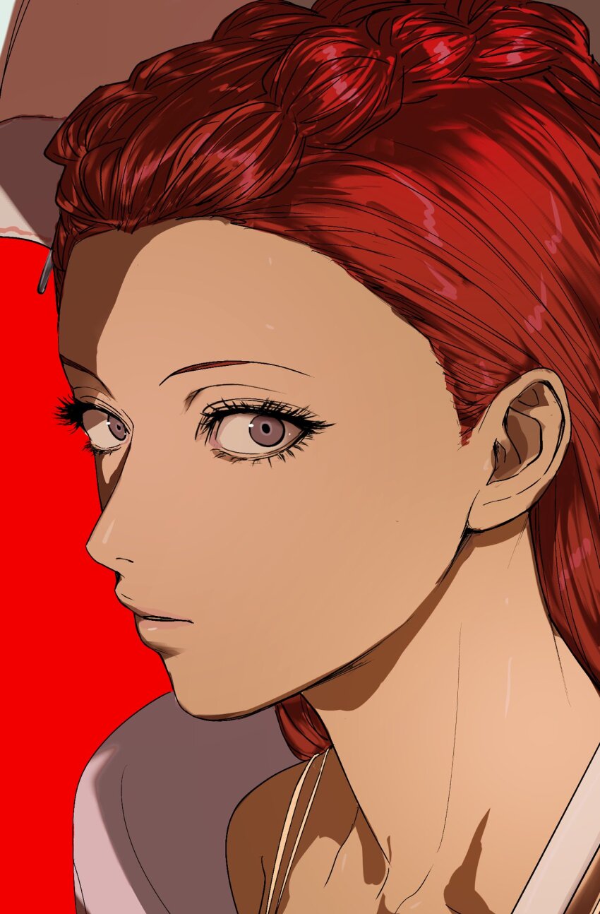 1girl ace_attorney amikoiiko bare_shoulders braid closed_mouth collarbone crown_braid dahlia_hawthorne dress from_side highres holding holding_umbrella long_hair looking_at_viewer looking_to_the_side phoenix_wright:_ace_attorney_-_trials_and_tribulations pink_lips pink_shawl pink_umbrella portrait purple_eyes red_background red_hair red_theme shawl simple_background solo spaghetti_strap sternocleidomastoid_muscle twin_braids umbrella white_dress