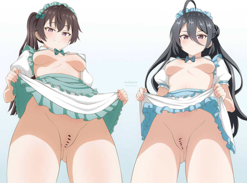 2girls absurdres ahoge apron aqua_apron aqua_bow aqua_skirt artist_name audirenze bar_censor bikini bikini_top_only black_hair blue_apron blue_bow blue_skirt blush bow breasts brown_hair censored choppy_bangs cleft_of_venus closed_mouth clothes_lift cowboy_shot detached_sleeves double-parted_bangs expressionless eyelashes fingernails frilled_skirt frilled_sleeves frills hair_between_eyes hair_bow hair_bun high-waist_skirt highres huge_ahoge kimishima_ayano large_breasts layered_skirt legs_apart lifting_own_clothes long_bangs long_hair looking_at_viewer looking_down maid maid_apron maid_headdress micro_bikini multiple_girls no_panties one_side_up ponytail purple_eyes pussy short_sleeves simple_background skirt skirt_lift smile standing straight_hair string_bikini suou_yuki swimsuit tokidoki_bosotto_roshia-go_de_dereru_tonari_no_alya-san variant_set very_long_hair waist_apron white_background white_bikini white_sleeves
