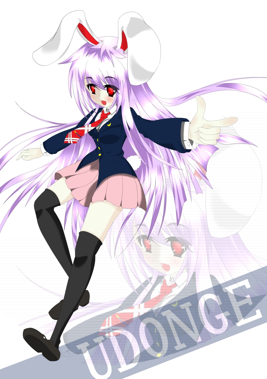 1girl absurdly_long_hair absurdres animal_ears black_thighhighs blue_jacket breasts character_name collared_shirt finger_gun full_body highres jacket long_hair long_sleeves medium_breasts necktie open_mouth pink_skirt pleated_skirt purple_hair rabbit_ears rabbit_girl rabbit_tail red_eyes red_necktie reisen_udongein_inaba shirt shoe_soles simple_background skirt solo stachz tail thighhighs touhou very_long_hair white_background white_shirt zoom_layer