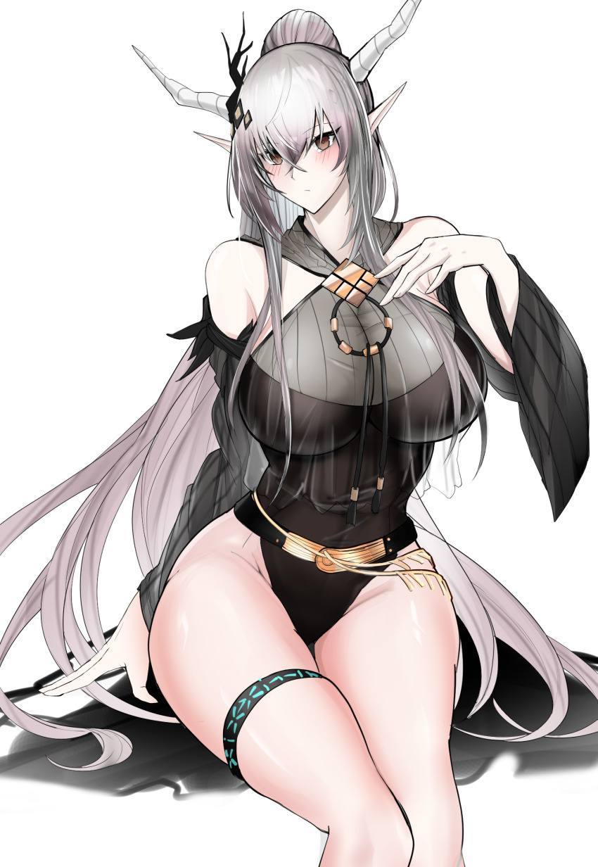 1girl arknights black_one-piece_swimsuit blush breasts brown_eyes closed_mouth demon_horns feet_out_of_frame grey_hair hair_between_eyes hair_ornament highres horns large_breasts long_hair looking_at_viewer official_alternate_costume one-piece_swimsuit pointy_ears ponytail shining_(arknights) shining_(silent_night)_(arknights) sidelocks sitting solo swavigg swimsuit thighs very_long_hair white_background