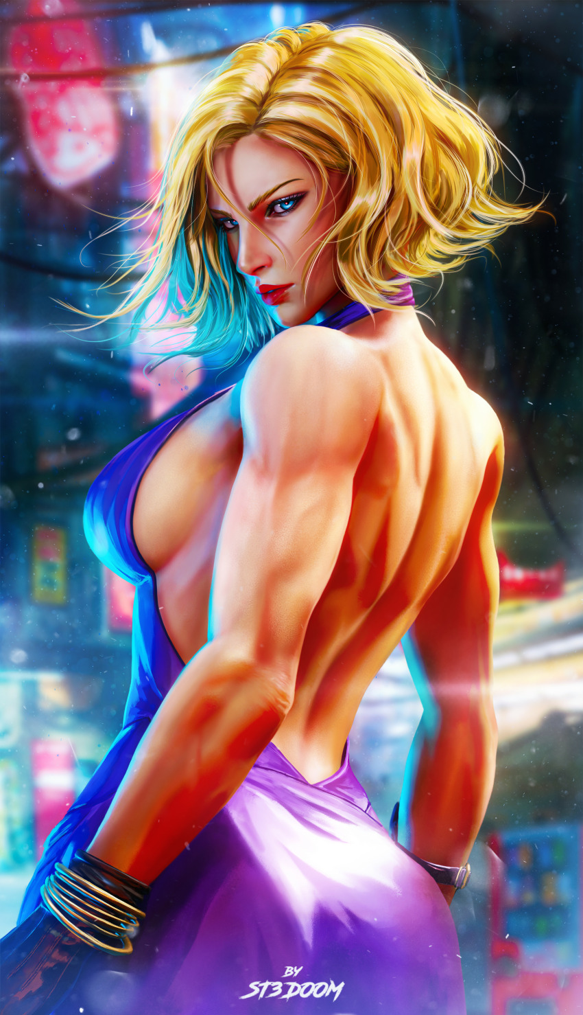 1girl absurdres artist_name backless_dress backless_outfit black_gloves blonde_hair blue_eyes blurry blurry_background bracelet breasts dress floating_hair gloves guest_art highres jewelry looking_at_viewer looking_back medium_breasts nina_williams non-web_source official_art parted_lips purple_dress red_lips short_hair sideboob solo st3doom tekken tekken_8 upper_body