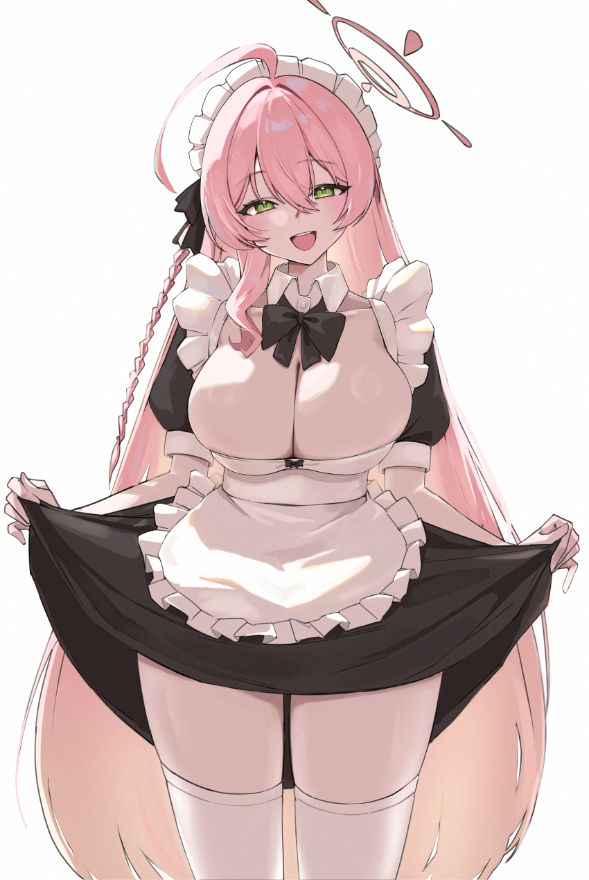 1girl absurdres alternate_costume apron black_bow black_bowtie black_dress blue_archive blush bow bowtie braid breasts commentary dress enmaided frilled_apron frills green_eyes hair_between_eyes hair_intakes halo ham_(hamparty) hanako_(blue_archive) highres large_breasts long_hair looking_at_viewer maid maid_apron maid_headdress open_mouth pink_hair pink_halo puffy_short_sleeves puffy_sleeves short_sleeves simple_background single_braid skindentation skirt_hold smile solo thighhighs thighs white_apron white_background white_headdress white_thighhighs