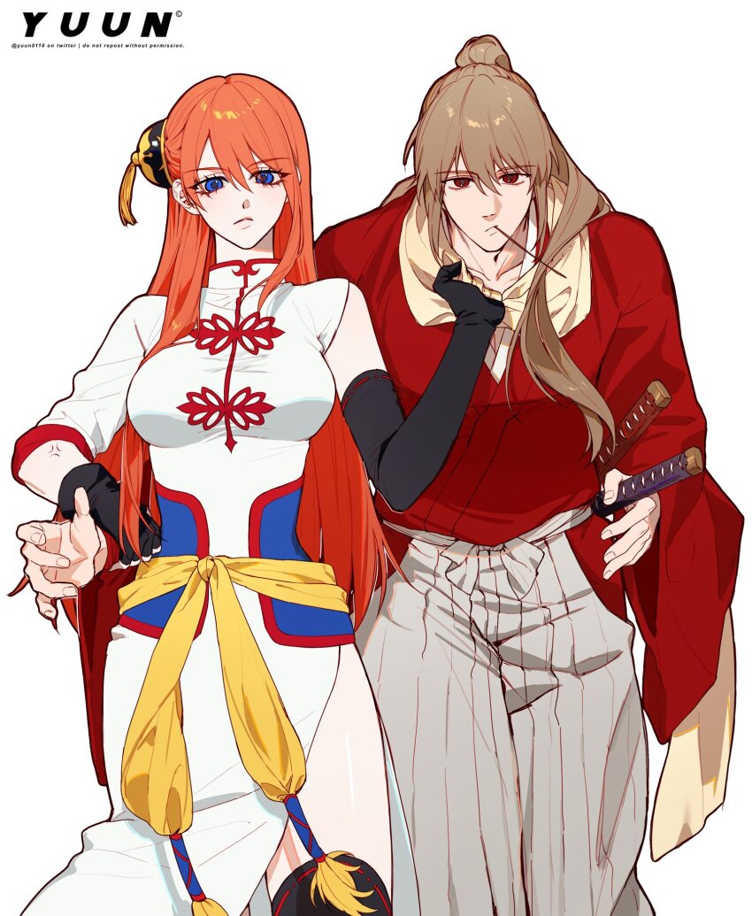1boy 1girl aged_up artist_name assertive_female blue_eyes brown_hair china_dress chinese_clothes dress gintama highres japanese_clothes kagura_(gintama) katana kimono long_hair okita_sougo orange_hair red_eyes red_kimono signature sword weapon yuun_(yuun0110)