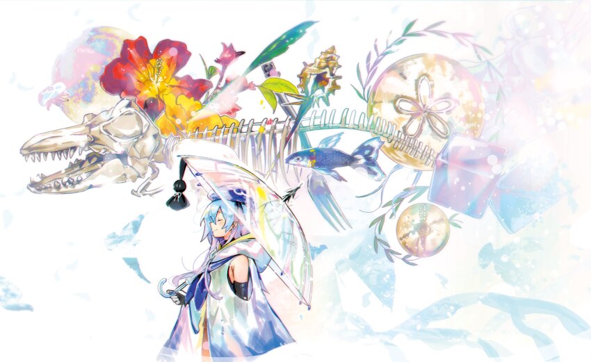 1boy absurdres arknights armpits beret black_sleeves blue_hair blue_hat closed_eyes commentary flower flower_request fork from_side hat highres holding holding_umbrella hood hooded_jacket jacket jellyfish light_blue_hair male_focus mizuki_(arknights) profile red_flower see-through_clothes see-through_jacket shell short_hair simple_background skeleton smile solo transparent transparent_umbrella umbrella upper_body wed_(lim38869577) white_background