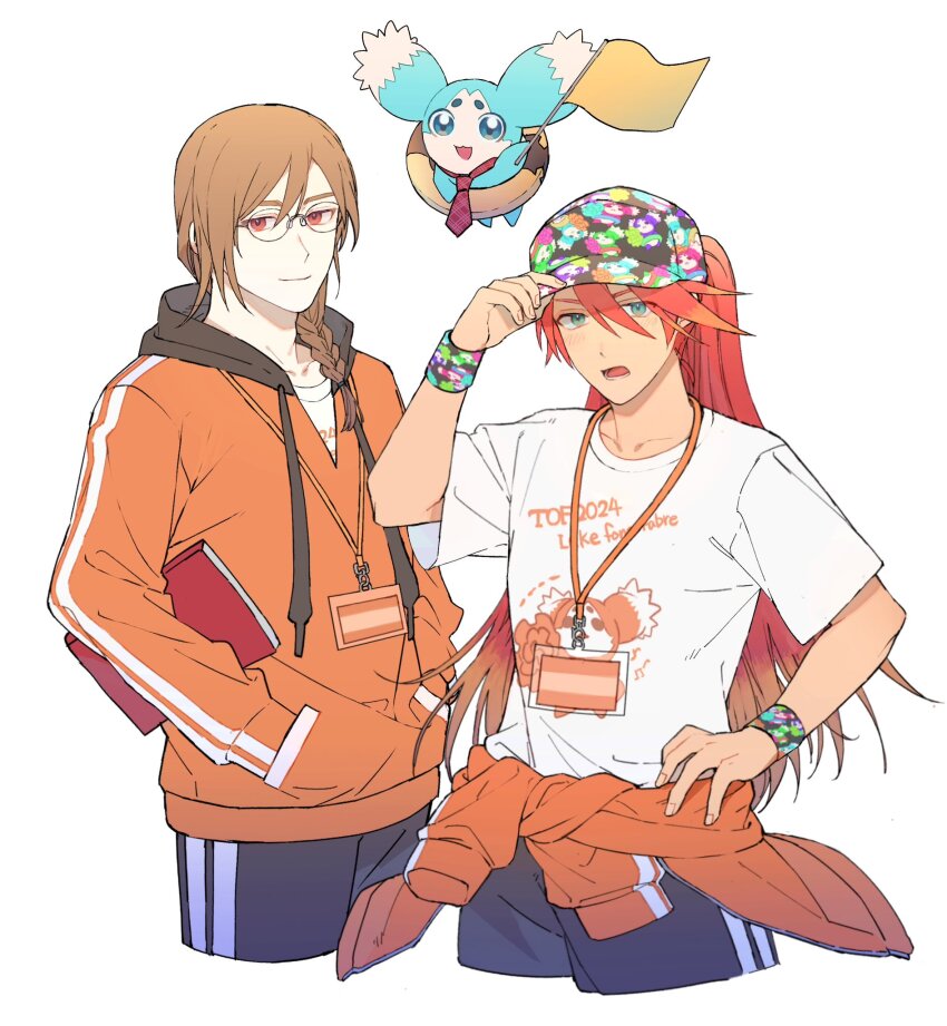 2boys baseball_cap blue_pants braid closed_mouth clothes_around_waist cowboy_shot creature cropped_legs flag floating glasses green_eyes hair_between_eyes hair_over_shoulder hand_on_own_hip hands_in_pockets hat high_ponytail highres holding holding_flag hood hood_down hoodie id_card jade_curtiss kuromamechabita light_brown_hair long_hair long_sleeves looking_at_viewer luke_fon_fabre male_focus mieu_(tales) multiple_boys necktie open_mouth orange_hoodie pants ponytail red_eyes red_hair red_necktie shirt short_sleeves single_braid smile tales_of_(series) tales_of_festival_2024 tales_of_the_abyss white_background white_shirt wristband