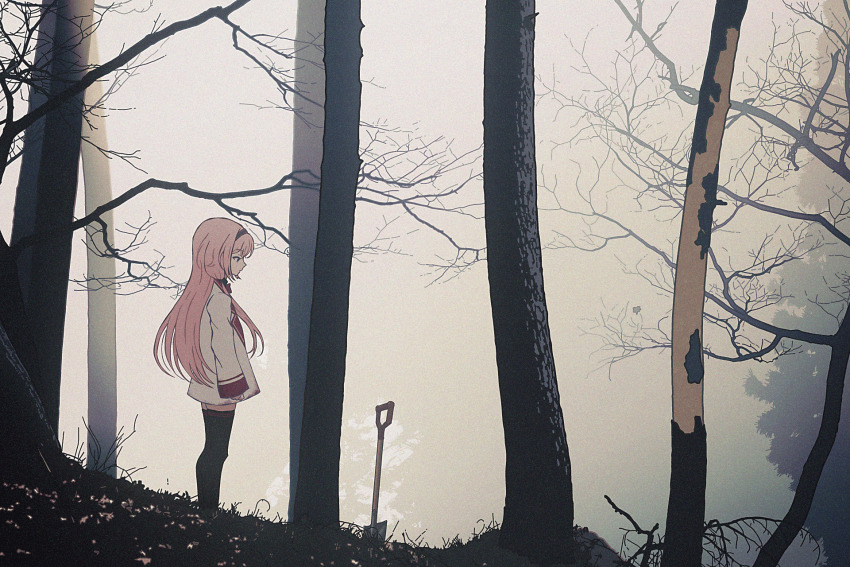 1girl arms_at_sides black_hairband black_thighhighs blazer blood blood_on_clothes blood_stain blue_eyes day dirt fog forest from_side hairband highres implied_murder jacket long_bangs long_sleeves looking_down nature nijisanji nkymyura open_clothes open_jacket outdoors pink_hair planted planted_shovel profile school_uniform shovel sleeves_past_wrists solo standing suo_sango thighhighs tree virtual_youtuber white_jacket wide_shot zettai_ryouiki