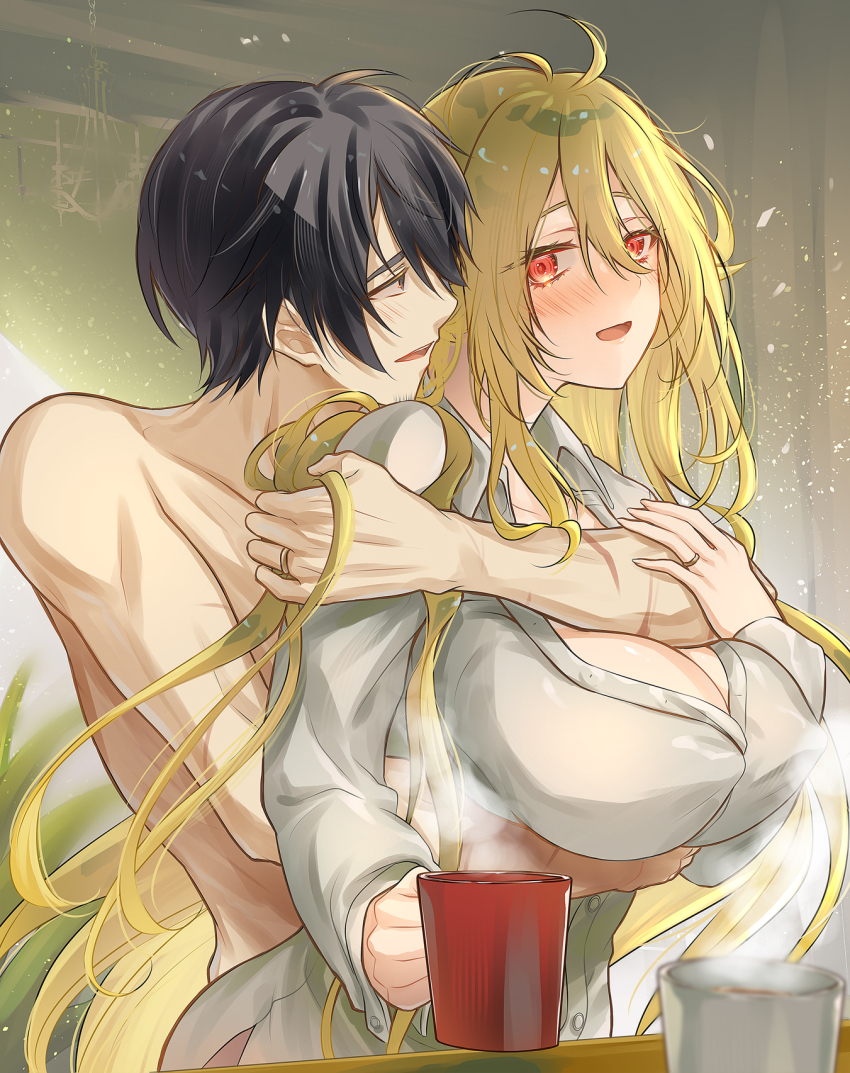 1boy 1girl angelica_rapha_redgrave arms_up black_hair blonde_hair blush breasts clothed_female_nude_male coffee collarbone completely_nude couple covered_erect_nipples cup dainatsu eye_contact hair_between_eyes hetero highres holding holding_cup hug hug_from_behind husband_and_wife indoors jewelry large_breasts leon_fou_bartfort long_hair looking_at_another naked_shirt nipples no_bra nude open_clothes open_mouth otome_game_sekai_wa_mob_ni_kibishii_sekai_desu red_eyes ring scar scar_on_arm shirt table wedding_ring white_shirt wooden_table