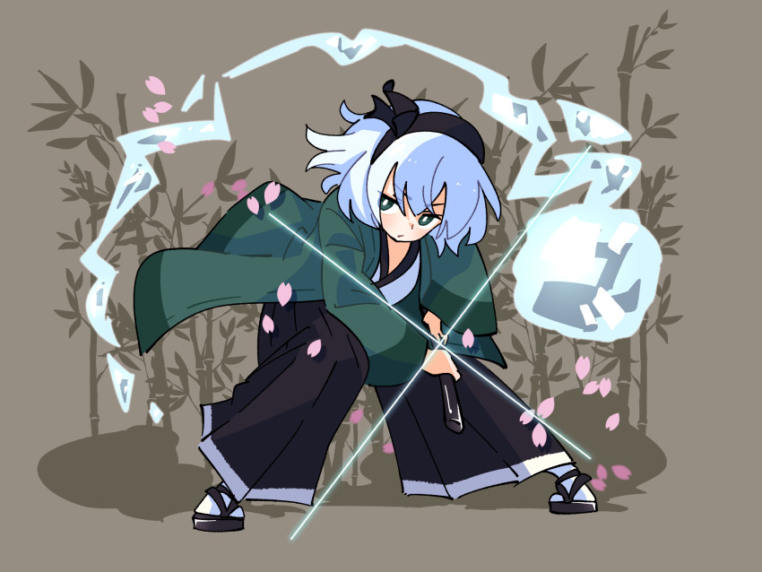 1girl black_hairband black_hakama black_pants full_body glint gram_9 green_eyes green_haori hairband hakama hakama_pants haori highres holding holding_sword holding_weapon japanese_clothes katana konpaku_youmu konpaku_youmu_(ghost) legs_apart looking_at_viewer medium_hair pants petals sandals sheath sheathed socks solo standing sword touhou weapon white_hair white_socks