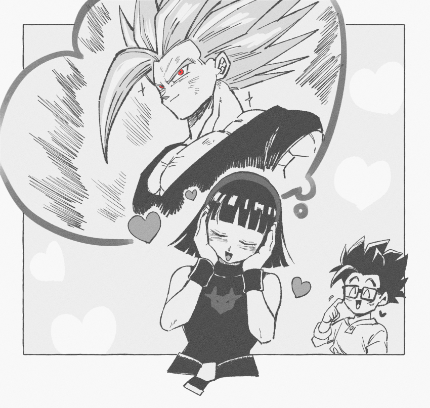 1boy 1girl aura black_hair blush couple dragon_ball dragon_ball_super dragon_ball_super_super_hero glasses gohan_beast happy heart highres husband_and_wife muscular muscular_female red_eyes scratches smile son_gohan spiked_hair thinking videl white_hair