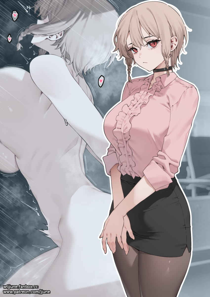 1girl black_choker black_skirt braid breasts brown_hair brown_pantyhose choker closed_mouth collared_shirt commentary_request completely_nude fanbox_username frilled_skirt frills highres implied_sex jjune large_breasts long_sleeves looking_at_viewer motion_lines multiple_views nude original pantyhose patreon_username pink_shirt sex shirt short_hair skirt sweat twin_braids