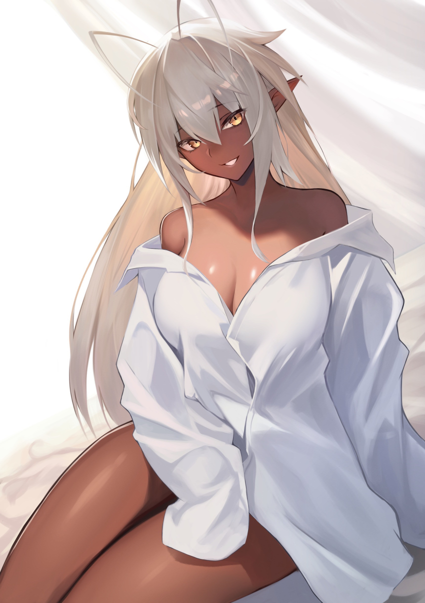 1girl absurdres antenna_hair bare_shoulders breasts cleavage commission dark-skinned_female dark_elf dark_skin elf genshu_doki highres large_breasts long_hair looking_at_viewer naked_shirt orange_eyes pointy_ears sansei_muramasa shirt skeb_commission solo soukou_akki_muramasa white_hair