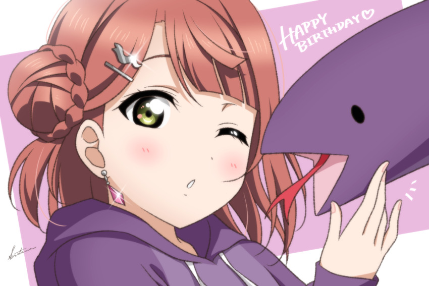 1girl ;o artist_name blunt_bangs braid braided_bun chestnut_mouth commentary green_eyes hair_bun hair_ornament hairclip happy_birthday hood hood_down hoodie long_sleeves looking_at_viewer love_live! love_live!_nijigasaki_high_school_idol_club medium_hair one_eye_closed open_mouth pink_hair portrait purple_background purple_hoodie sasuke_(love_live!) shiratama_(siratama_ll) signature single_side_bun snake swept_bangs tongue tongue_out uehara_ayumu