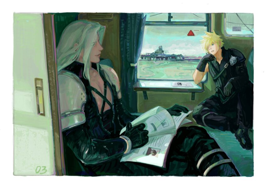 2boys armor black_gloves blonde_hair book boots cloud_strife commentary english_commentary final_fantasy final_fantasy_vii final_fantasy_vii_advent_children gloves grey_hair hair_over_one_eye highres holding holding_book long_hair long_sleeves male_focus multiple_boys pauldrons reading sansgarnish00 sephiroth short_hair shoulder_armor single_pauldron sitting smile spiked_hair train_interior window