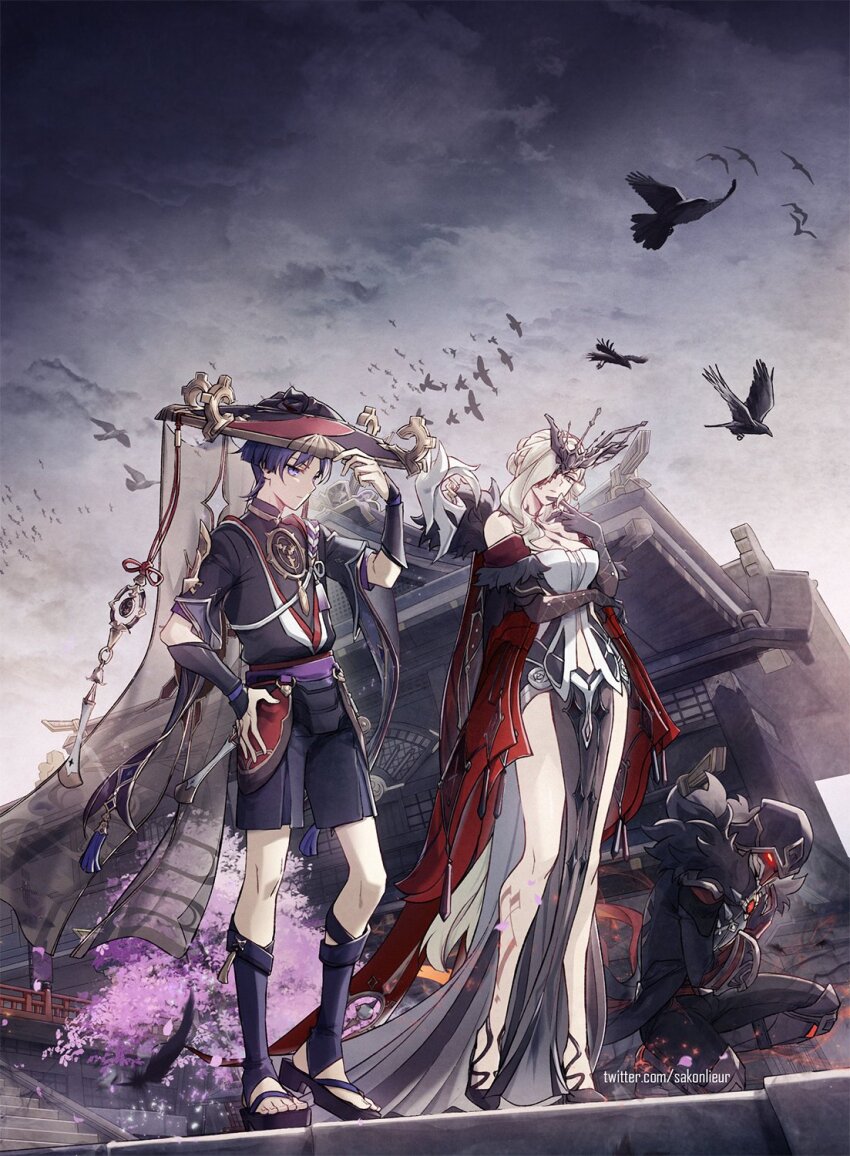 1girl 2boys absurdly_long_hair architecture armor bare_shoulders bird black_gloves black_mask blonde_hair blue_eyes blunt_ends breasts cape cherry_blossoms cleavage crow delusion_(genshin_impact) dress east_asian_architecture elbow_gloves eyeshadow fatui_pyro_agent_(genshin_impact) full_body fur_trim genshin_impact gloves hair_between_eyes hakama hakama_shorts half_mask hat highres hood japanese_armor japanese_clothes jingasa kimono kote kurokote lace-trimmed_eyepatch large_breasts layered_kimono long_hair makeup mandarin_collar mask mask_over_one_eye multiple_boys one_eye_covered pelvic_curtain pleated_shorts purple_eyes purple_hair purple_rope red_cape red_eyeshadow rope sakon04 scaramouche_(genshin_impact) shirt short_hair short_sleeves shorts signora_(genshin_impact) stairs strapless strapless_dress tree twitter_username very_long_hair