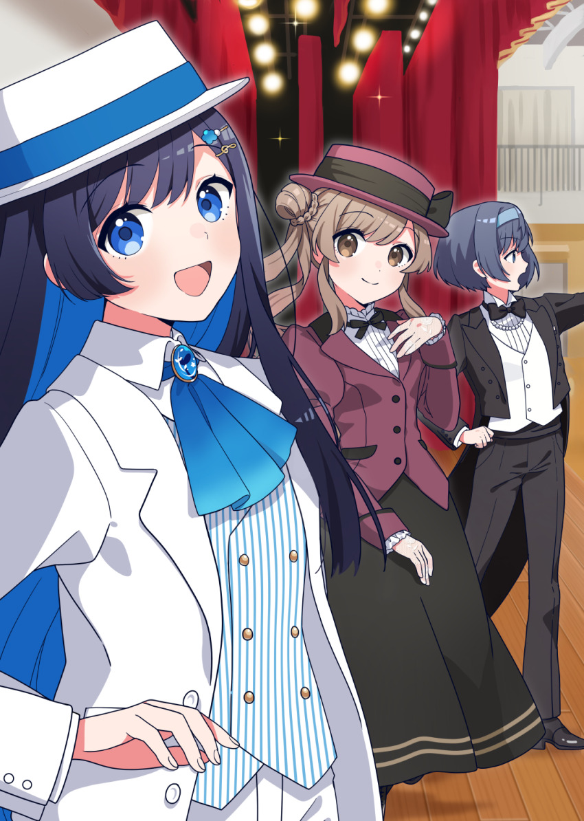 3girls :d ascot binchou_maguro black_bow black_bowtie black_jacket black_pants black_ribbon black_shoes black_skirt blue_ascot blue_eyes blue_hair blue_ribbon bow bowtie brown_eyes brown_hair buttons cevio closed_mouth collared_shirt commentary_request double-breasted futaba_minato hand_up hat hat_ribbon highres jacket long_hair long_sleeves looking_at_viewer multiple_girls open_clothes open_jacket open_mouth pants red_hat red_jacket ribbon satou_sasara shirt shoes short_hair skirt smile standing suzuki_tsudumi white_hat white_jacket white_shirt