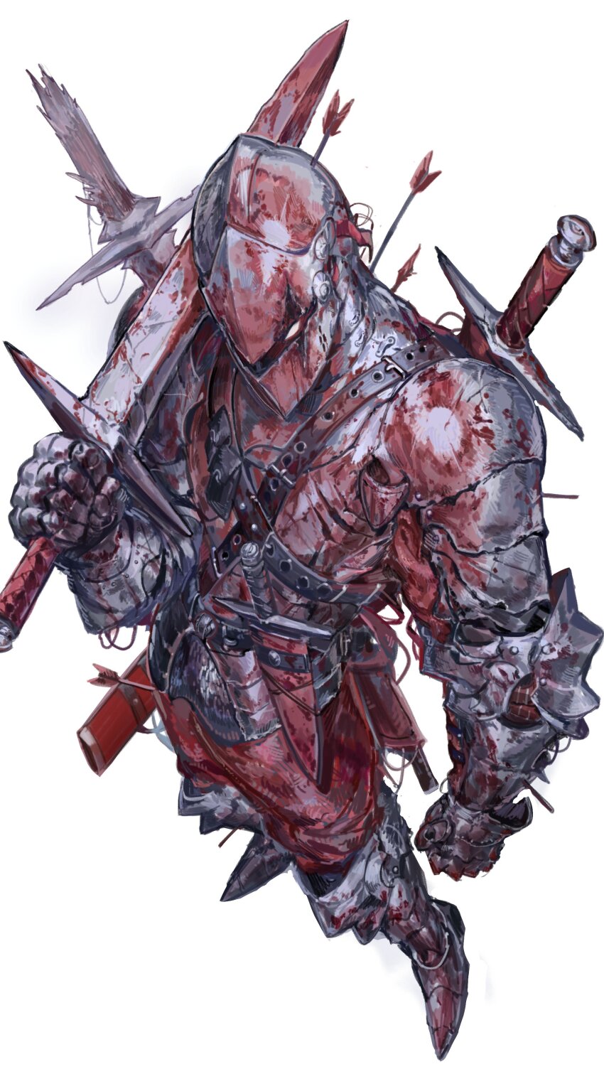 1other absurdres ambiguous_gender armor arrow_(projectile) arrow_in_body blood blood_on_clothes broken broken_helmet broken_sword broken_weapon commentary english_commentary from_above full_armor full_body highres holding holding_sword holding_weapon nameno92372763 original over_shoulder simple_background sword sword_on_back sword_over_shoulder three_quarter_view weapon weapon_on_back weapon_over_shoulder white_background