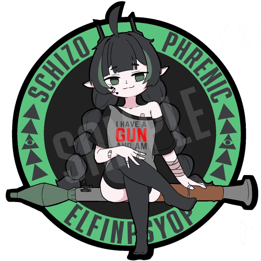 1girl :3 ahoge bandaged_arm bandages black_horns black_thighhighs braid character_name crossed_legs elf elfinpsyop facial_mark green_eyes green_hair grey_shirt highres horns indie_virtual_youtuber long_hair looking_at_viewer mettoretto multicolored_hair pointy_ears rocket_launcher rpg_(weapon) shirt simple_background sitting solo streaked_hair thighhighs twin_braids virtual_youtuber weapon white_background