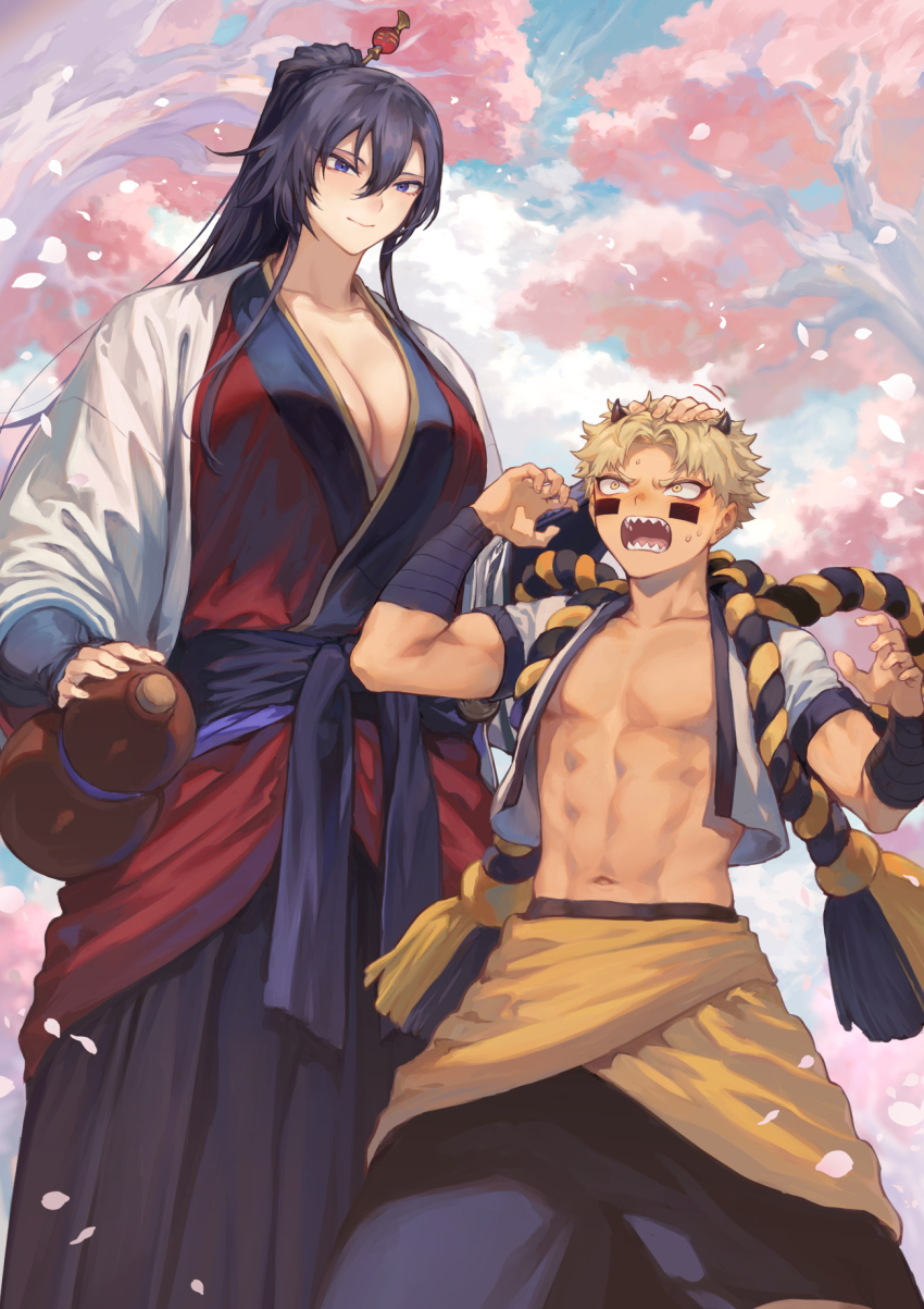 1boy 1girl black_hair black_hakama black_horns black_pants blonde_hair blue_eyes bottle breasts cherry_blossoms cleavage cowboy_shot drumsticks facial_tattoo hakama headpat high_ponytail highres holding holding_weapon horns jacket japanese_clothes kimono large_breasts long_hair looking_at_another mashutarou_(neko_no_oyashiro) muscular muscular_child no_shirt original outdoors pants petals ponytail raijin_(mythology) red_kimono sake_bottle sharp_teeth tattoo teeth weapon white_jacket white_kimono