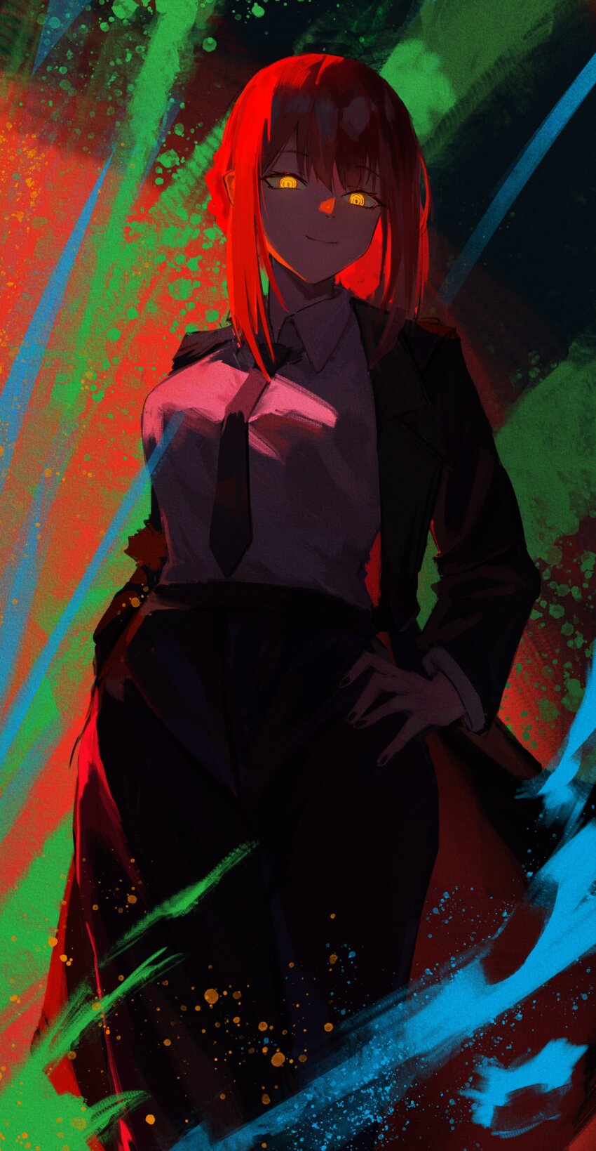 1girl absurdres black_coat black_necktie black_pants chainsaw_man coat collared_shirt haimaotuanzi hand_on_own_hip highres long_hair looking_at_viewer makima_(chainsaw_man) necktie pants red_hair ringed_eyes shirt shirt_tucked_in solo white_hair yellow_eyes