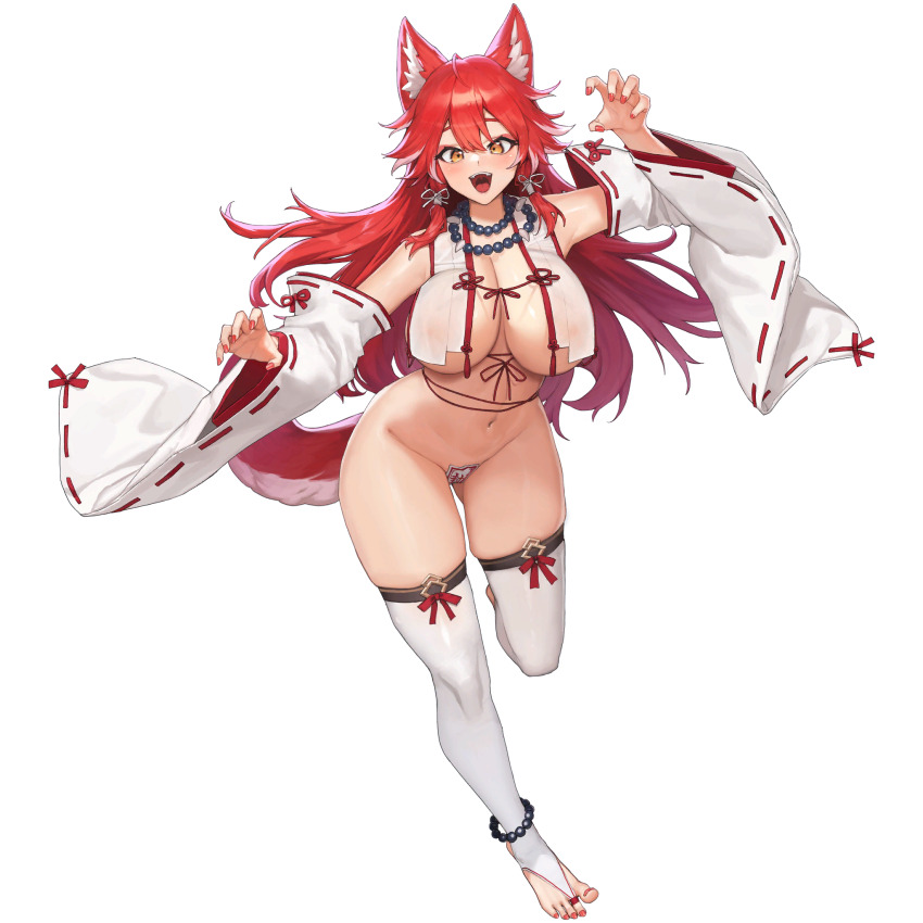 1girl ahoge animal_ear_fluff animal_ears anklet armpit_peek bare_shoulders bead_necklace beads breasts claw_pose cleavage detached_sleeves eyeliner fangs fenrir_(last_origin) gluteal_fold highres huge_breasts japanese_clothes jewelry large_breasts last_origin linea_alba long_hair long_sleeves looking_at_viewer maebari makeup miko nail_polish navel necklace no_bra nontraditional_miko official_alternate_costume official_art ofuda ofuda_on_pussy open_mouth over-kneehighs red_eyeliner red_hair red_nails red_ribbon ribbon see-through_clothes simple_background skindentation standing tachi-e tail thick_thighs thighhighs thighs tooth_necklace transparent_background tunamayo_(dsasd751) wolf_ears wolf_girl wolf_tail yellow_eyes