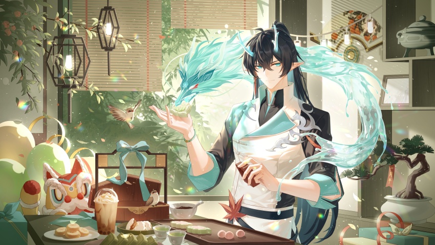 1boy absurdres aqua_eyes aqua_horns aqua_ribbon balloon bamboo_screen bird black_hair black_shirt bonsai box dan_heng_(honkai:_star_rail) dan_heng_(imbibitor_lunae)_(honkai:_star_rail) dragon dragon_boy dragon_horns eastern_dragon eastern_dragon_horns eyeliner fei_jifeng0808 food gift gift_box hair_between_eyes hashtag-only_commentary high_ponytail highres holding holding_food honkai:_star_rail honkai_(series) horns indoors leaf light_smile lion_dance long_hair makeup male_focus mandarin_collar maple_leaf plant pointy_ears ponytail potted_plant red_eyeliner ribbon shirt sleeves_rolled_up solo table vest white_vest window window_blinds