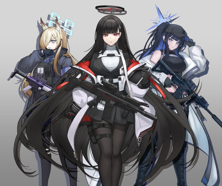 3girls absurdres animal_ears assault_rifle bare_shoulders black_gloves black_hair black_pantyhose blazer blonde_hair blue_archive blue_eyes blue_hair boots breasts bulletproof_vest clenched_teeth coat commentary dog_ears earpiece elcan_scope english_commentary eotech fn_scar_16 funky_dea1er gloves gun h&amp;k_mp5 hair_ornament hair_over_one_eye hairclip halo handgun hat highres holding holding_gun holding_weapon holster jacket kanna_(blue_archive) large_breasts long_hair looking_at_viewer m1911 midriff multiple_girls necktie off_shoulder pantyhose pleated_skirt ponytail red_eyes ribbed_sweater rifle rio_(blue_archive) saori_(blue_archive) sharp_teeth sig_516 sig_sauer skirt submachine_gun sweater tablet_pc teeth thigh_holster turtleneck turtleneck_sweater very_long_hair weapon white_sweater