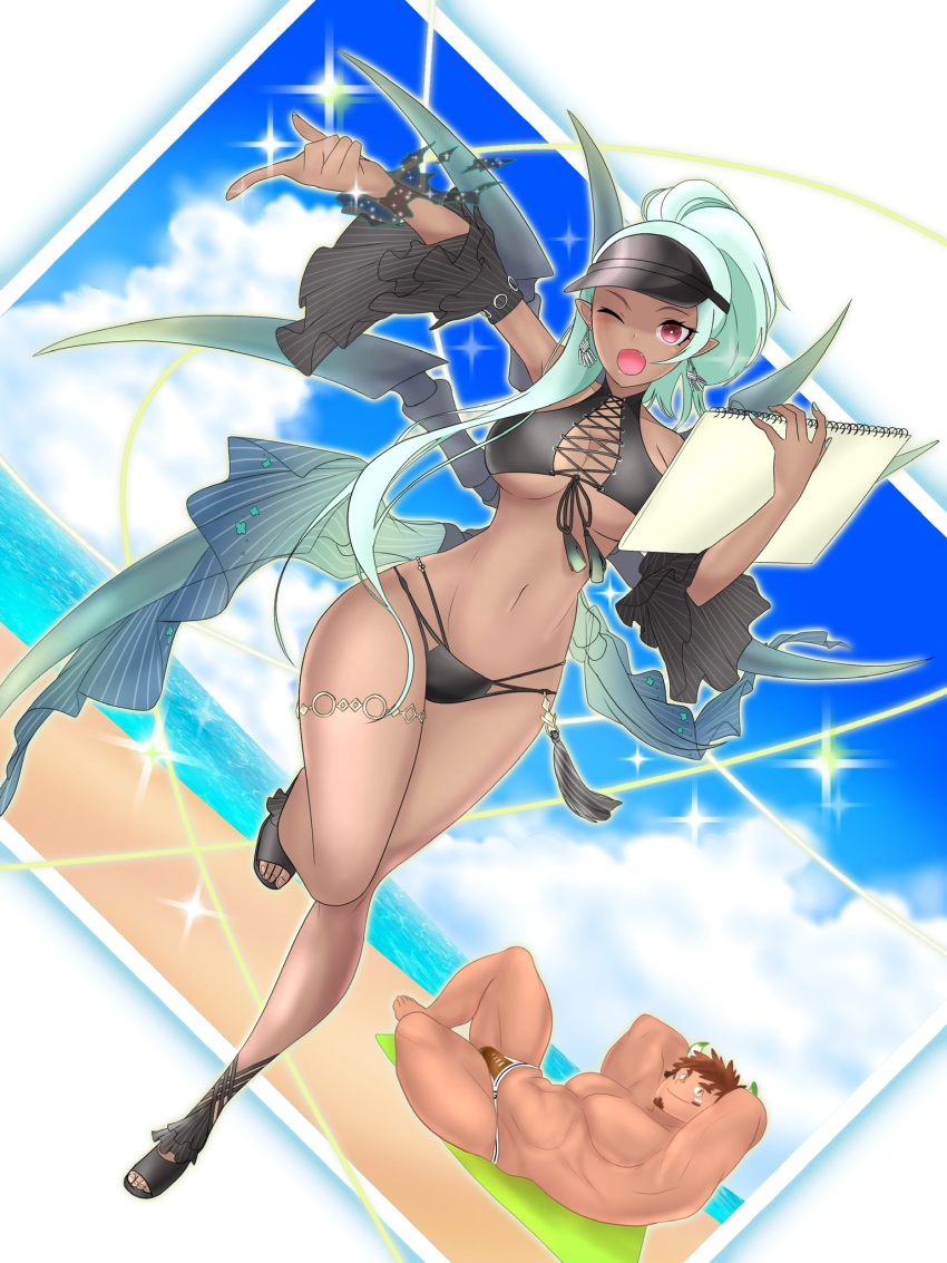 1boy 1girl ;o arachne_(housamo) arthropod_girl barefoot beach beard breasts brown_hair brown_male_swimwear brown_swim_briefs cleavage dark-skinned_female dark_skin day detached_sleeves earrings facial_hair full_body highres horns insect_girl jewelry kai_(pixiv62332947) long_hair looking_at_viewer male_swimwear medium_breasts muscular muscular_male navel one_eye_closed outdoors red_eyes sandals sketchbook spider_girl standing standing_on_one_leg swim_briefs thigh_strap thighs tokyo_houkago_summoners visor_cap wakan_tanka water