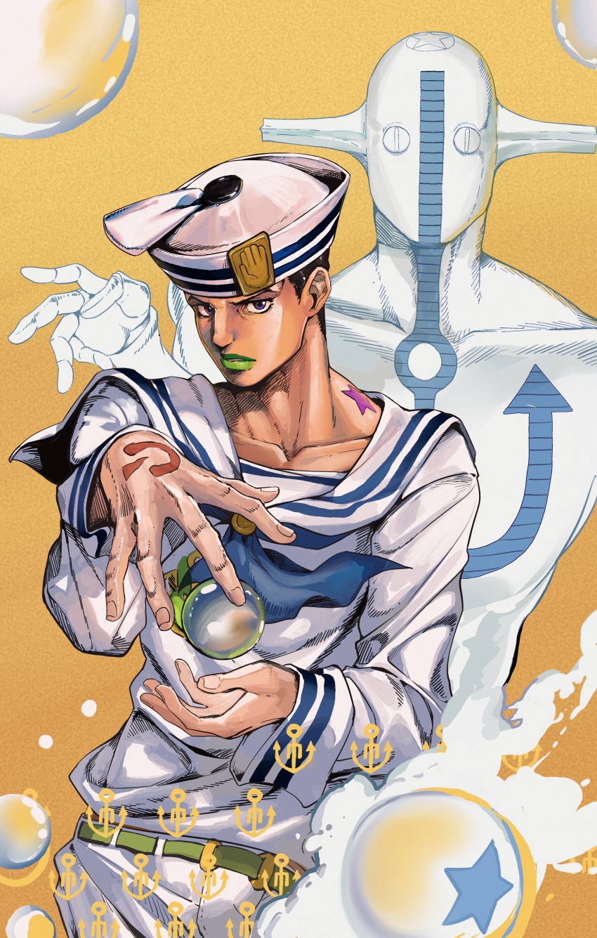 1boy 1other belt bubble higashikata_josuke_(jojolion) jojo_no_kimyou_na_bouken jojolion looking_at_viewer multiple_boys okasaki_ushio_(03103335) sailor_collar soft_&amp;_wet_(stand) stand_(jojo) star_(symbol) tattoo yellow_background