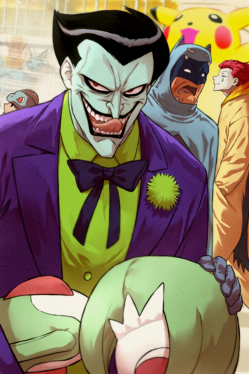 batman_(series) bodysuit bow bowtie convention cosplay crossover dc_comics eobard_thawne facepaint facial_mark flash_(series) formal_clothes gardevoir gen_1_pokemon gen_2_pokemon gen_3_pokemon gloves golbat golbat_(cosplay) gon_freecss green_hair green_shirt haraya_manawari highres hisoka_morow holding hunter_x_hunter jacket licking_nose life-size_gardevoir_plush long_sleeves looking_at_viewer machoke machoke_(cosplay) male_focus mega_man_(character) mega_man_(series) motion_lines multiple_boys nintendo open_mouth pikachu pokemon pokemon_(creature) professor_zoom purple_suit red_eyes red_hair reverse_flash shirt speed_lines suit teeth the_joker typhlosion typhlosion_(cosplay) vaporeon yellow_bodysuit