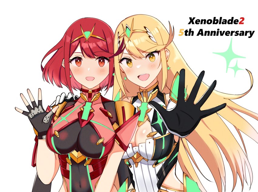 2girls absurdres anniversary black_gloves blonde_hair breasts chest_jewel cleavage fingerless_gloves gloves hand_on_another&#039;s_shoulder highres hip_vent large_breasts looking_at_viewer multiple_girls mythra_(xenoblade) navel pyra_(xenoblade) reason3_s red_eyes red_hair smile tiara waving white_gloves xenoblade_chronicles_(series) xenoblade_chronicles_2 yellow_eyes