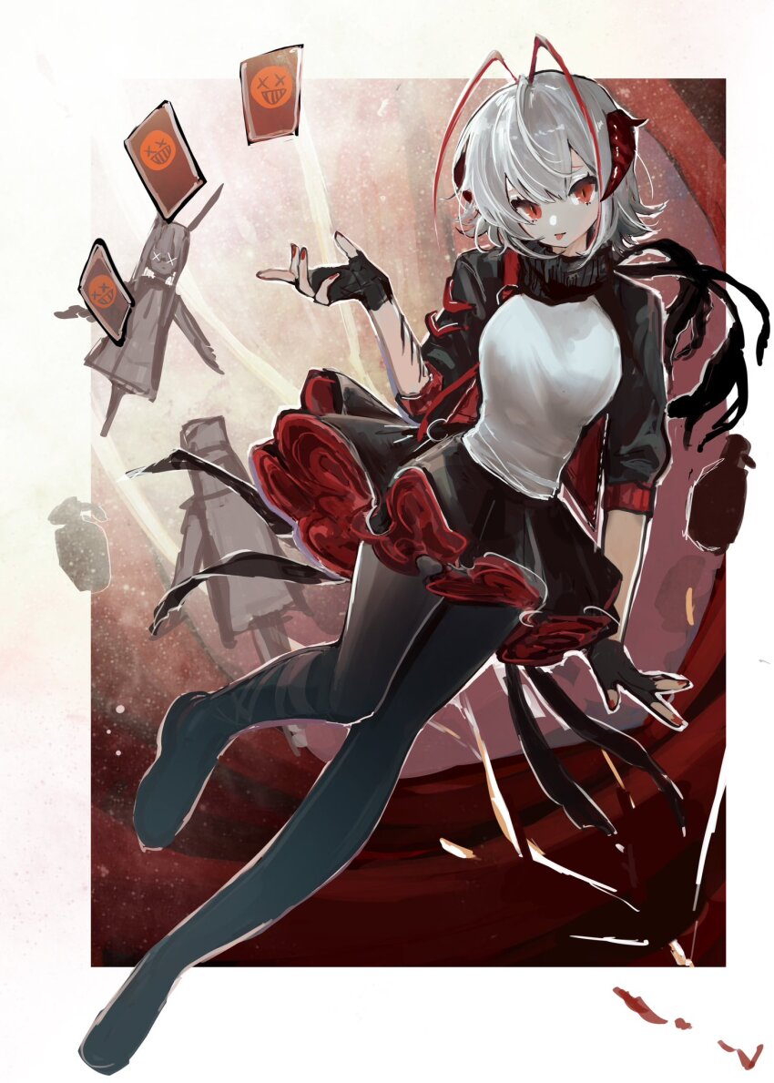 1girl amiya_(arknights) antenna_hair arknights bad_feet black_jacket black_pantyhose black_scarf border breasts commentary demon_girl demon_horns doctor_(arknights) explosive fingerless_gloves frilled_skirt frills full_body gloves grenade hand_up highres horns jacket large_breasts looking_at_viewer material_growth nail_polish open_clothes open_jacket oripathy_lesion_(arknights) pantyhose pomopomoinu red_background red_eyes red_hair red_nails red_skirt scarf shirt short_hair simple_background skirt sleeveless solo_focus sparring_dummy tongue tongue_out torn_clothes torn_scarf w_(arknights) white_hair white_shirt