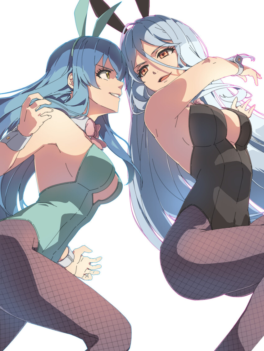 2girls animal_ears black_leotard blue_hair blue_leotard bow bowtie breasts chiharu_(9654784) cleavage commission covered_navel detached_collar eiyuu_densetsu fake_animal_ears fishnet_pantyhose fishnets floating_hair grandmaster_(eiyuu_densetsu) grin hair_between_eyes highleg highleg_leotard highres kai_no_kiseki kuro_no_kiseki_(series) large_breasts leotard long_hair multiple_girls nina_fenly open_mouth pantyhose parted_bangs playboy_bunny rabbit_ears sideboob sidelocks simple_background skeb_commission smile strapless strapless_leotard white_background white_wrist_cuffs wrist_cuffs yellow_eyes