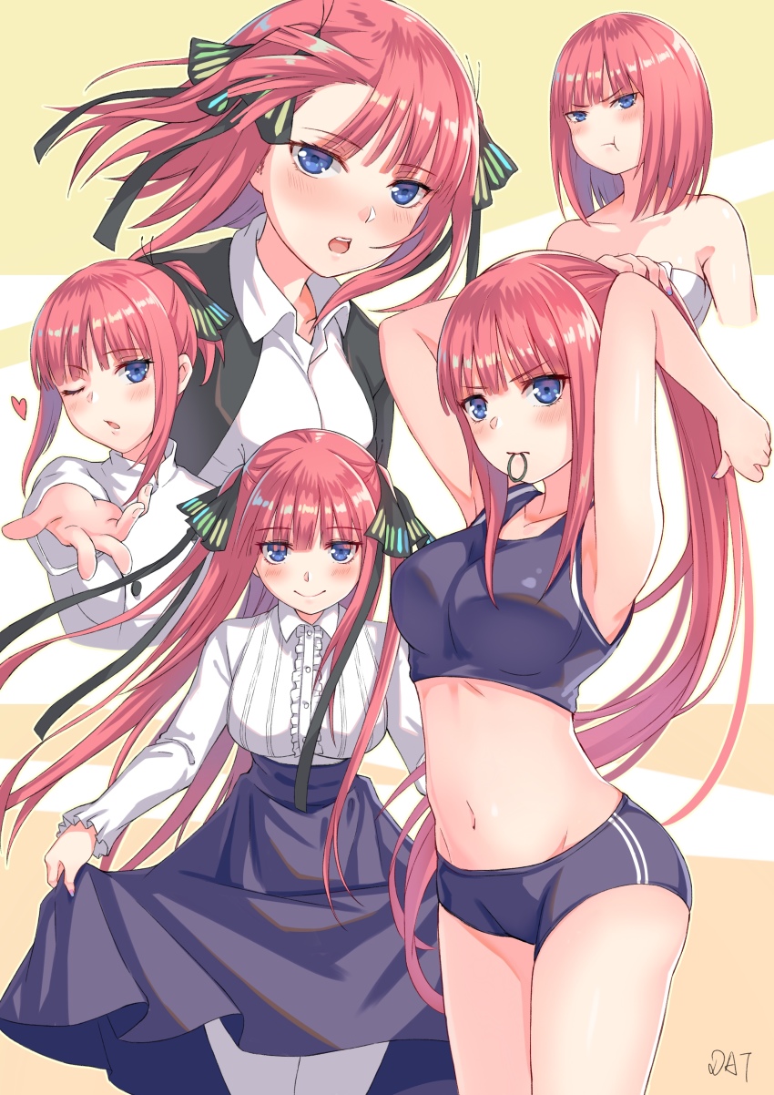 1girl :t absurdres armpits arms_up bike_shorts black_cardigan black_ribbon blue_eyes blunt_bangs blush breasts cardigan center_frills chef closed_mouth collarbone collared_shirt commentary_request curtsey da-cart fingernails frills go-toubun_no_hanayome hair_ornament hair_ribbon hair_tie heart highres holding holding_own_hair large_breasts long_hair long_sleeves looking_at_viewer multiple_views nail_polish nakano_nino naked_towel navel one_eye_closed pantyhose ponytail pout red_hair ribbon school_uniform shirt skirt skirt_hold smile sports_bra standing stomach towel tying_hair white_pantyhose white_shirt