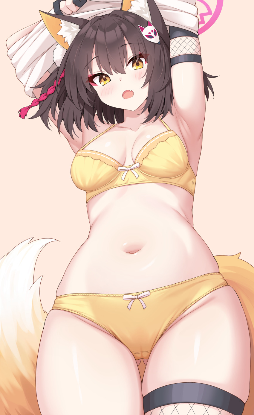 1girl absurdres animal_ear_fluff animal_ears armpits arms_up blue_archive blush bra breasts brown_background brown_hair commentary enru fang fishnet_thighhighs fishnets fox_ears fox_girl fox_hair_ornament fox_tail gluteal_fold hair_ornament halo highres izuna_(blue_archive) looking_at_viewer medium_breasts navel one_side_up open_mouth panties pink_halo pom_pom_(clothes) pom_pom_hair_ornament rope shimenawa short_hair simple_background single_thighhigh skin_fang skindentation solo stomach tail thick_thighs thighhighs thighs underwear yellow_bra yellow_eyes yellow_panties yellow_tail