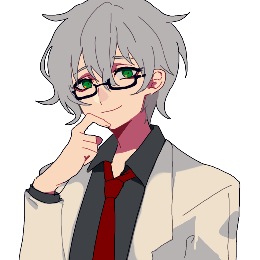 1boy benjamin_(project_moon) black_shirt closed_mouth collared_shirt commentary_request er_hea glasses green_eyes grey_hair hair_between_eyes lab_coat lobotomy_corporation long_sleeves looking_at_viewer male_focus necktie project_moon rectangular_eyewear red_necktie shirt short_hair simple_background smile solo white_background