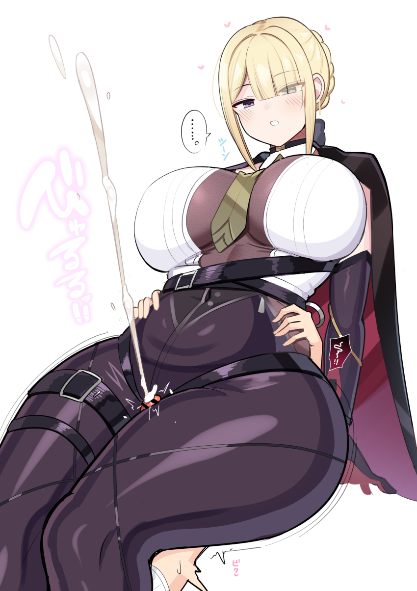 ... 1boy 1girl black_pants blonde_hair blush breasts cum curvy evelyn_chevalier hair_over_one_eye highres jakko large_breasts necktie pants projectile_cum purple_eyes thick_thighs thigh_sex thigh_strap thighs wide_hips zenless_zone_zero
