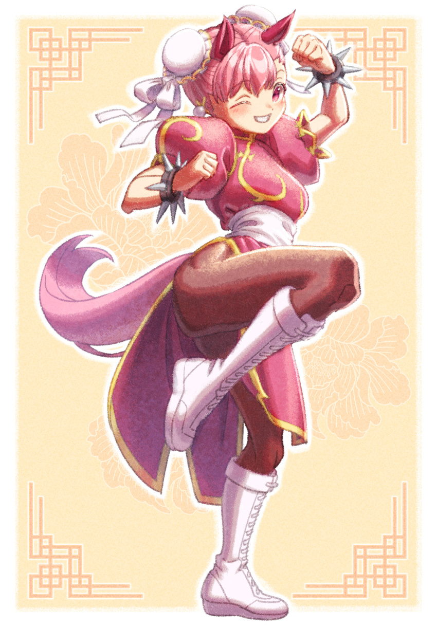 alternate_color alternate_costume boots bracelet brown_pantyhose capcom china_dress chinese_clothes chun-li chun-li_(cosplay) cosplay creape double_bun dress hair_bun haru_urara_(umamusume) highres horse_girl jewelry pantyhose parody pink_dress pink_eyes pink_hair spiked_bracelet spikes standing standing_on_one_leg street_fighter umamusume white_boots