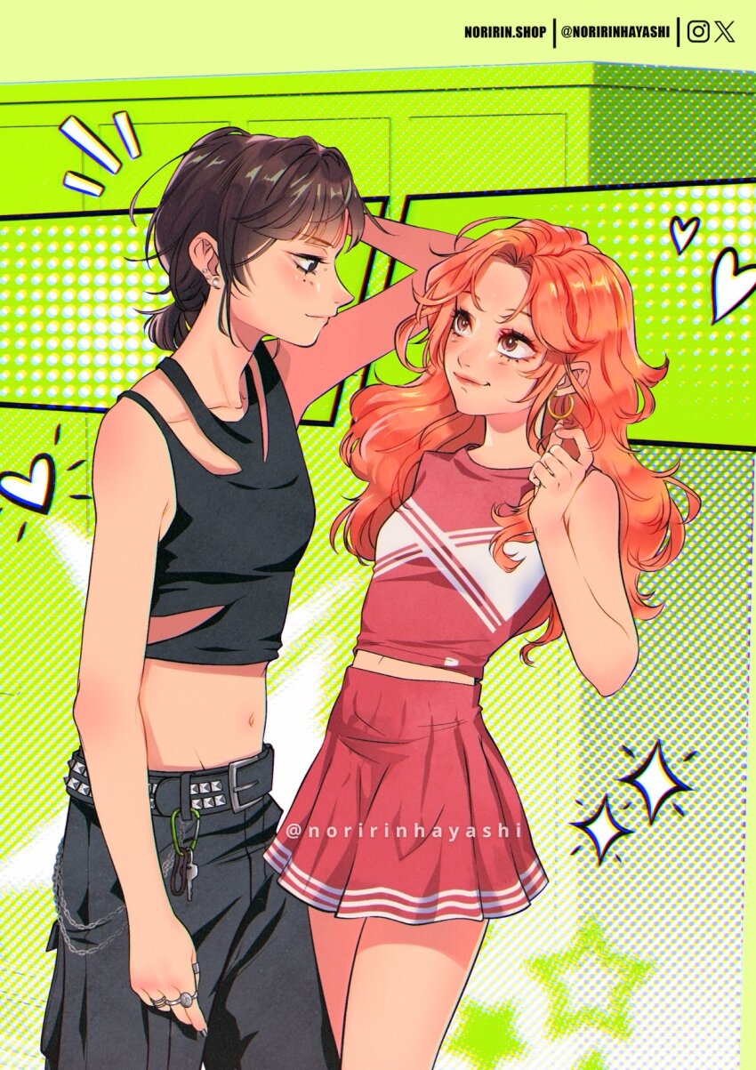 2girls arm_up baggy_pants bare_shoulders belt black_eyes black_hair black_pants black_tank_top breasts carabiner chain cheerleader closed_mouth commentary cowboy_shot ear_piercing earrings english_commentary eye_contact green_background halftone hand_up heart highres hoop_earrings instagram_logo jewelry key kininatteru_hito_ga_otoko_ja_nakatta koga_mitsuki long_hair looking_at_another midriff midriff_peek mole mole_under_eye multiple_girls multiple_rings navel noririnhayashi notice_lines oosawa_aya orange_hair pants parted_bangs piercing pink_eyes playing_with_own_hair pleated_skirt ponytail red_shirt red_skirt ring shirt short_hair short_ponytail skirt sleeveless sleeveless_shirt small_breasts smile sparkle standing tank_top tomboy twitter_username twitter_x_logo wavy_hair