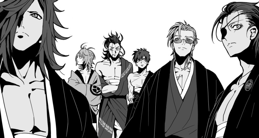 6+boys black_hair doudanuki_masakuni eyepatch greyscale hair_over_one_eye japanese_clothes male_focus monochrome multiple_boys nansen_ichimonji nihongou_(touken_ranbu) off_shoulder oodenta_mitsuyo pectoral_cleavage pectorals scar shokudaikiri_mitsutada sunglasses tattoo touken_ranbu upper_body yuuki_(yukko7474)