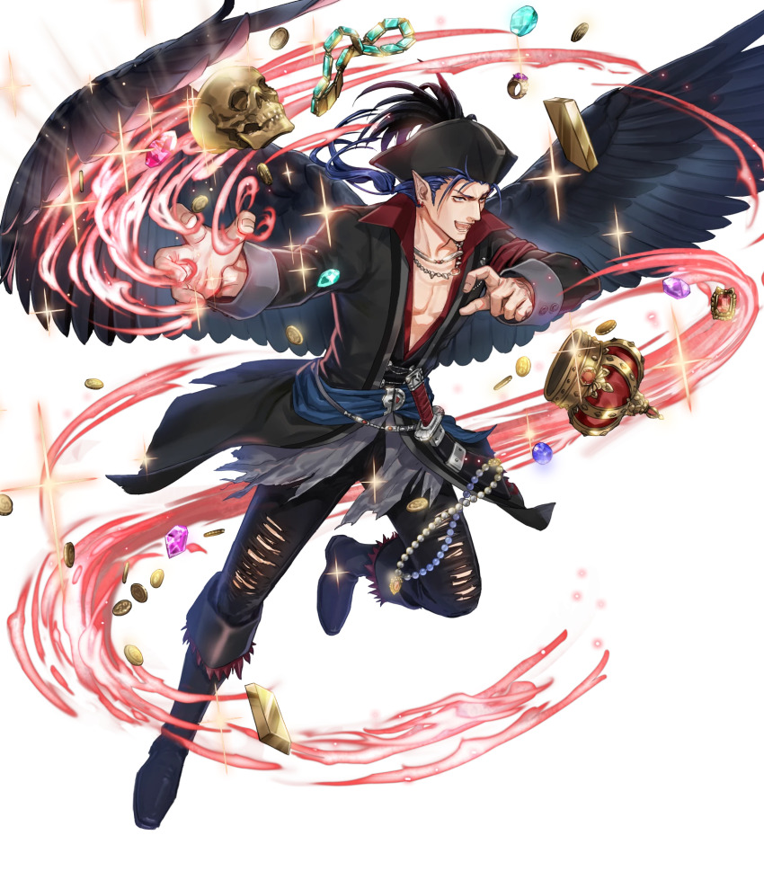 1boy aqua_gemstone black_wings blue_eyes blue_gemstone blue_hair boots coin crown earrings fire_emblem fire_emblem:_radiant_dawn fire_emblem_heroes full_body gem gold_bar gold_coin hat highres jewelry kuroba.k laguz_(fire_emblem) long_hair low_neckline male_focus naesala_(fire_emblem) naesala_(pirate)_(fire_emblem) naesala_(sea&#039;s_shadow)_(fire_emblem) necklace nintendo non-web_source official_art open_mouth pants pearl_necklace pendant pirate_hat pointy_ears ponytail purple_gemstone red_gemstone sash skull solo torn_clothes torn_pants transparent_background unworn_crown unworn_jewelry unworn_necklace waist_sash wings