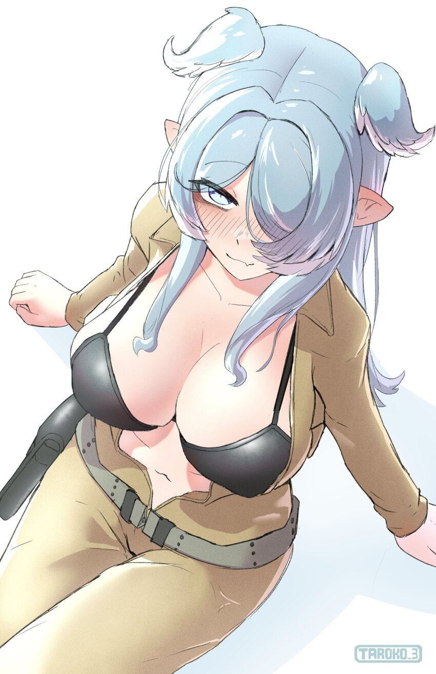 1girl absurdres artist_logo belt black_bra blue_eyes blue_hair bra breasts cleavage closed_mouth commentary cosplay elira_pendora english_commentary eva_(metal_gear) eva_(metal_gear)_(cosplay) fang from_above hair_over_one_eye highres holster jumpsuit large_breasts logo long_hair long_sleeves navel nijisanji nijisanji_en pointy_ears sidelocks simple_background sitting skin_fang smile solo taroko3 underwear virtual_youtuber white_background yellow_jumpsuit