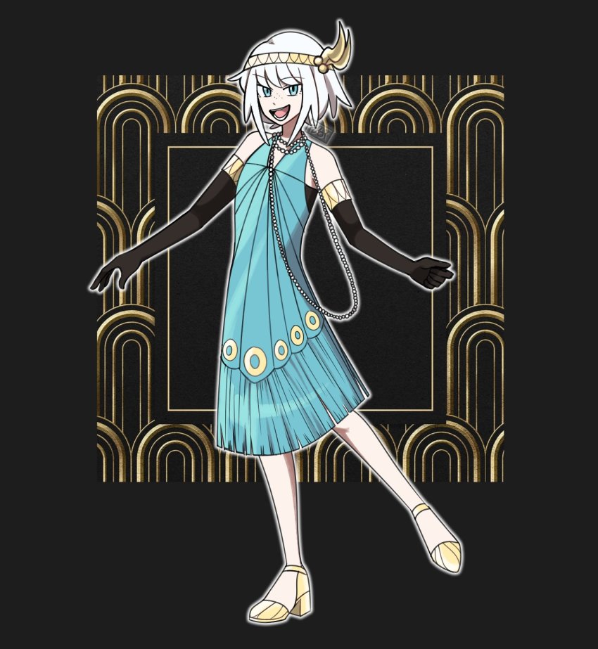 1920s_(style) 1girl blue_dress blue_eyes dress feathers flapper_girl fluorart freckles full_body high_heels highres jewelry necklace nintendo original pearl_necklace pokemon pokemon_legends:_arceus smile white_hair
