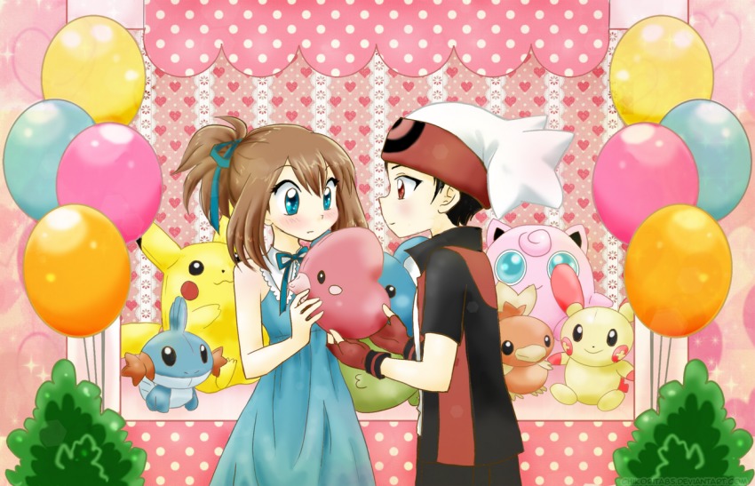 1boy 1girl balloon bare_arms beanie black_hair blue_dress blue_eyes blush brendan_(pokemon) brown_hair chikorita85 commentary couple dress fingerless_gloves gen_1_pokemon gen_2_pokemon gen_3_pokemon gift giving gloves gulpin hair_ribbon hat heart_pattern hetero jigglypuff long_dress luvdisc marill may_(pokemon) mudkip nintendo pikachu plant plusle pokemon pokemon_(creature) pokemon_adventures polka_dot red_eyes ribbon short_hair sparkle standing stuffed_animal stuffed_toy torchic