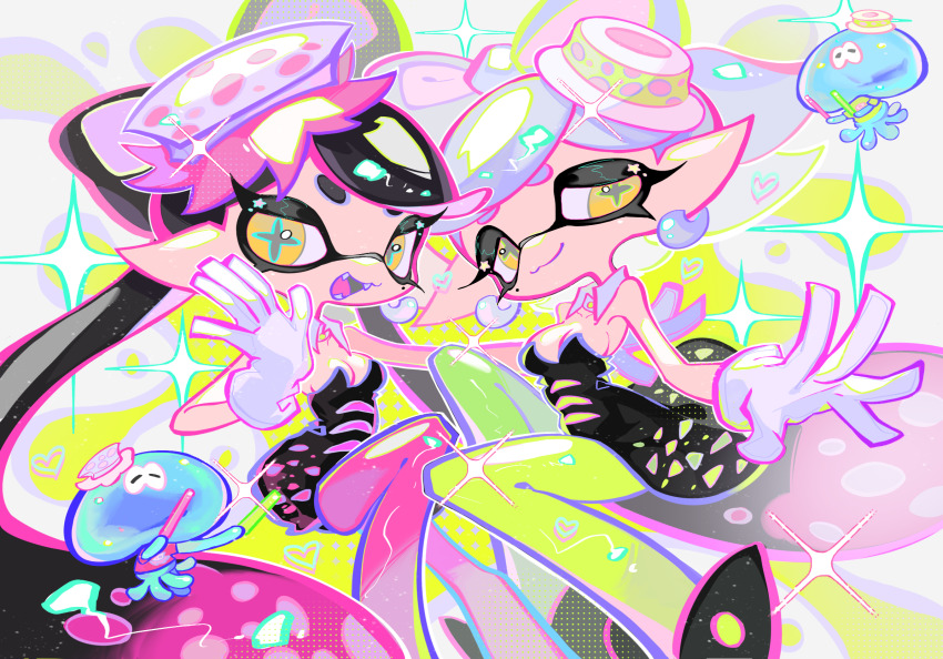 2girls :3 bare_shoulders black_dress black_footwear black_hair black_jumpsuit bow-shaped_hair breasts callie_(splatoon) callie_(squid_sisters_outfit)_(splatoon) cleavage closed_mouth collar commentary_request cousins cross-shaped_pupils detached_collar dress earrings fangs gloves glowstick gradient_hair green_pantyhose grey_hair half-closed_eyes highres holding holding_glowstick inkling jellyfish_(splatoon) jewelry jumpsuit long_hair looking_at_viewer marie_(splatoon) marie_(squid_sisters_outfit)_(splatoon) medium_hair mole mole_under_eye multicolored_hair multiple_girls nintendo open_hand open_mouth pantyhose pink_hair pink_pantyhose pointy_ears short_jumpsuit smile splatoon_(series) strapless strapless_dress swept_bangs symbol-shaped_pupils tentacle_hair twintails two-tone_hair very_long_hair white_background white_collar white_gloves xiaoyunatie yellow_eyes