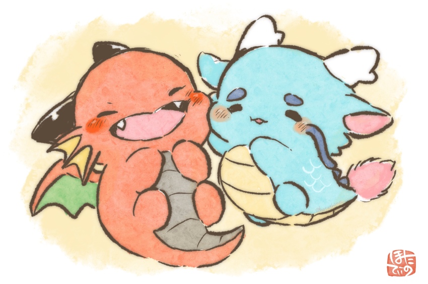 chibi closed_eyes commentary_request dragon eastern_dragon full_body highres hotathino no_humans open_mouth original simple_background western_dragon yellow_background